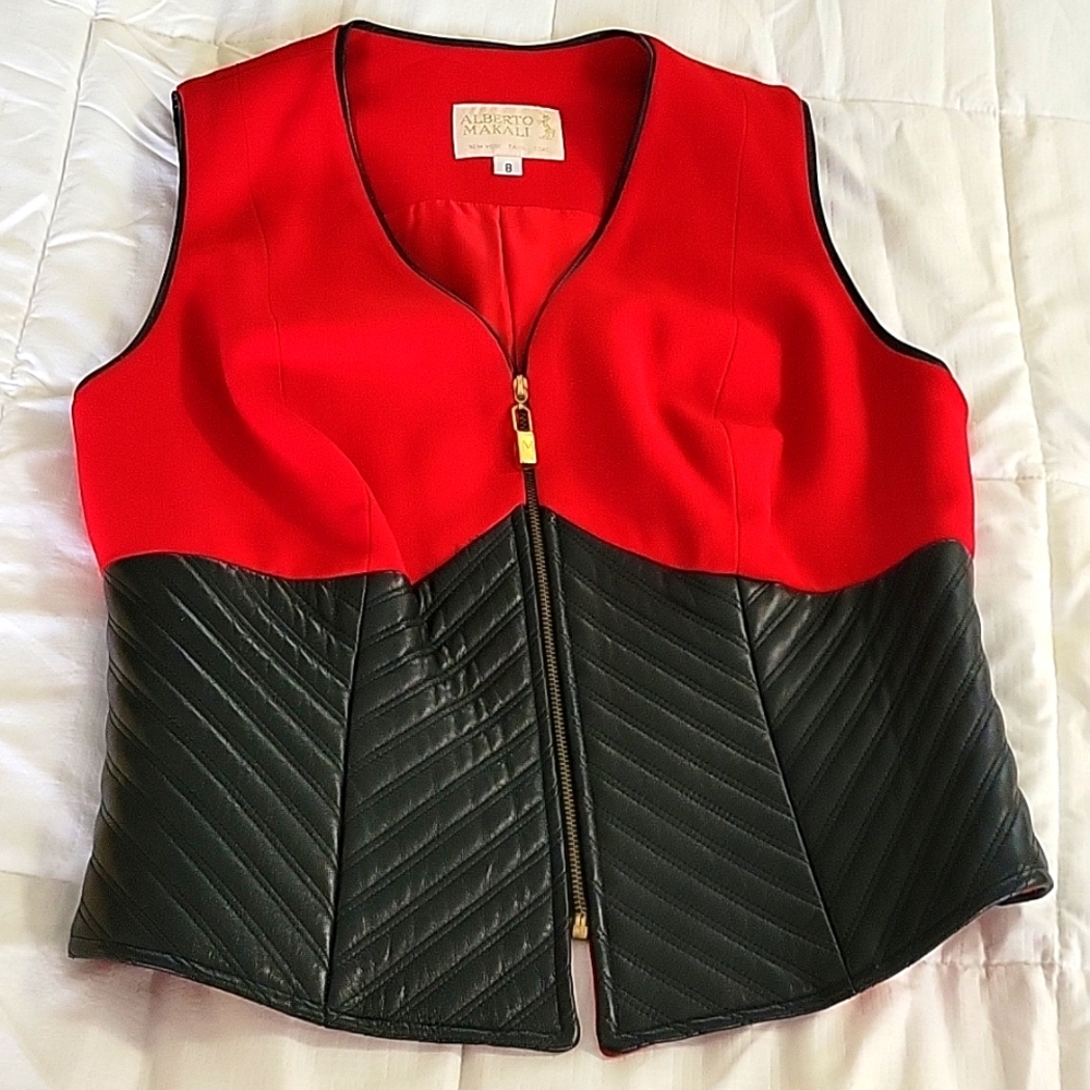 RED AND BLACK LEATHER DETAILED VEST